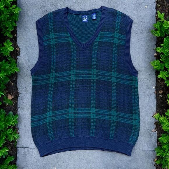 GAP Vintage Y2K Sweater Vest Knitted Cotton Navy Blue Green Men's Size XL - Picture 1 of 7
